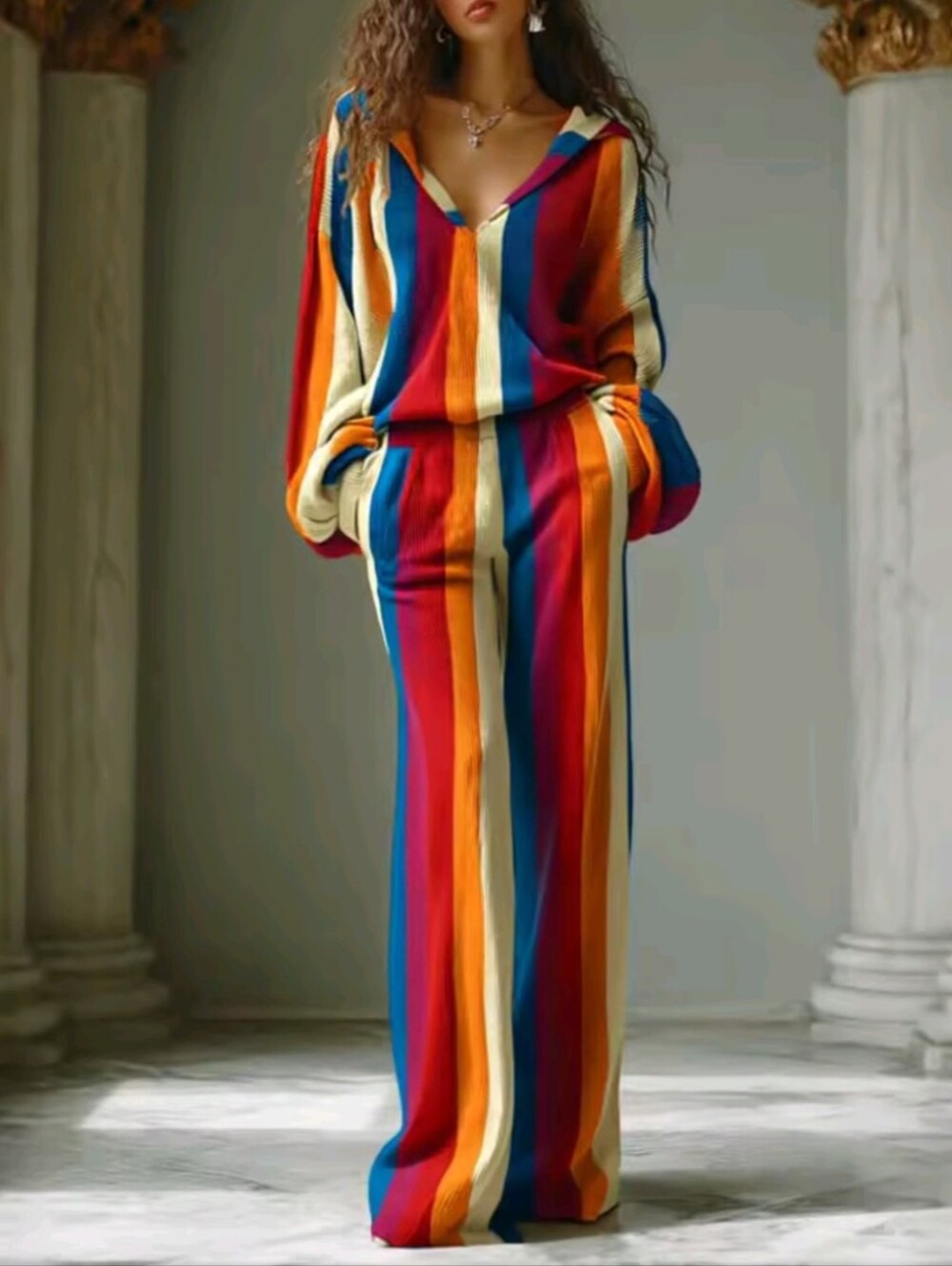 Women's Long Sleeve Lapel Top Wide Leg Pants Matching Outfit Set